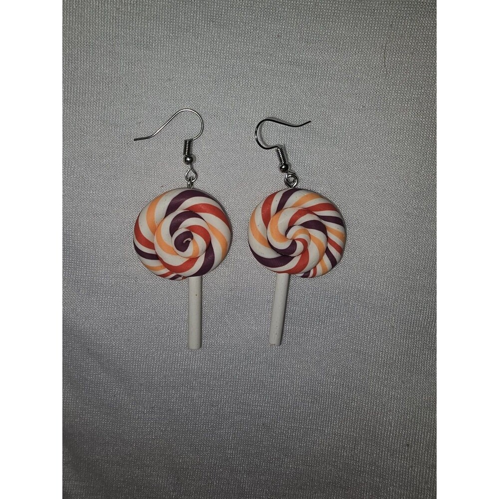 Whirly Lollipop Dangle Pierced Earrings Resin Silver Hook Candy 2.5" Earth Tones